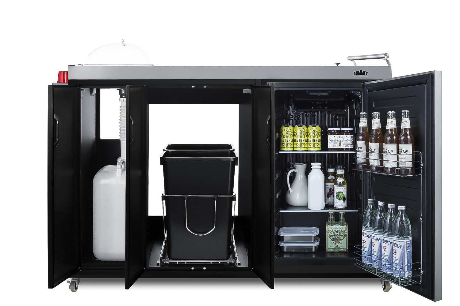 Mobile outdoor serving station with refrigerator, sink, storage cabinet, and slide-out waste bins